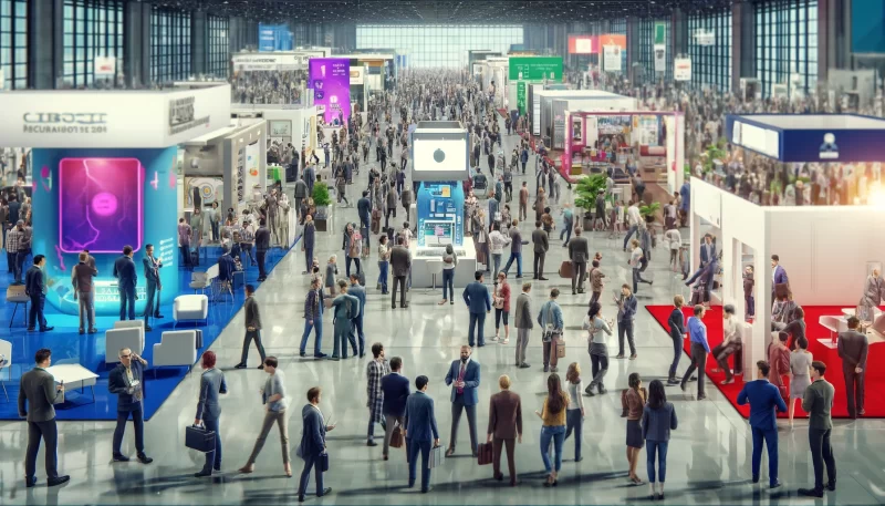 DALLE 2024-05-08 182459 - A busy trade show scene depicting various people engaged in different activities The image should include a large spacious hall filled with booths s - Wood & Panel Europe tradeshows